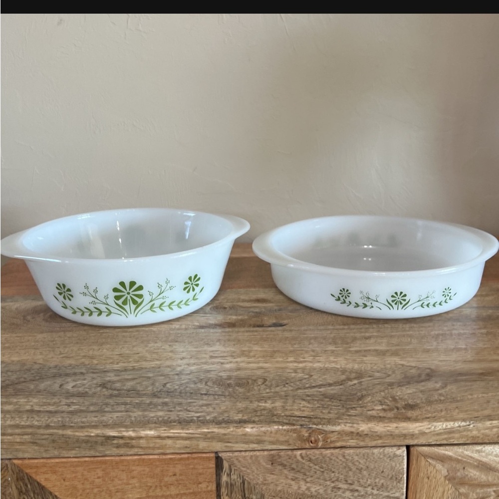 (2) Glasbake 1970s Casserole / Side Dishes Green Daisy Milk Glass MCM Kitchen